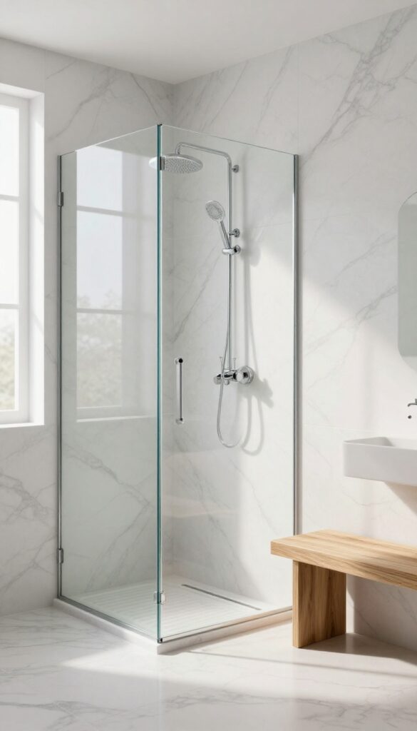 Large white Carrara marble tiles in a bright bathroom shower with chrome fixtures and a teak bench