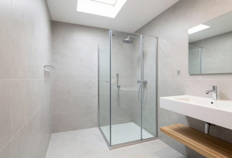 Modern shower-only bathroom with walk-in shower and glass panel