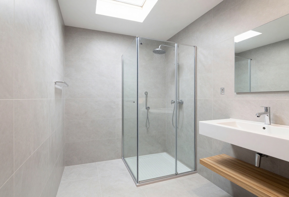 Modern shower-only bathroom with walk-in shower and glass panel