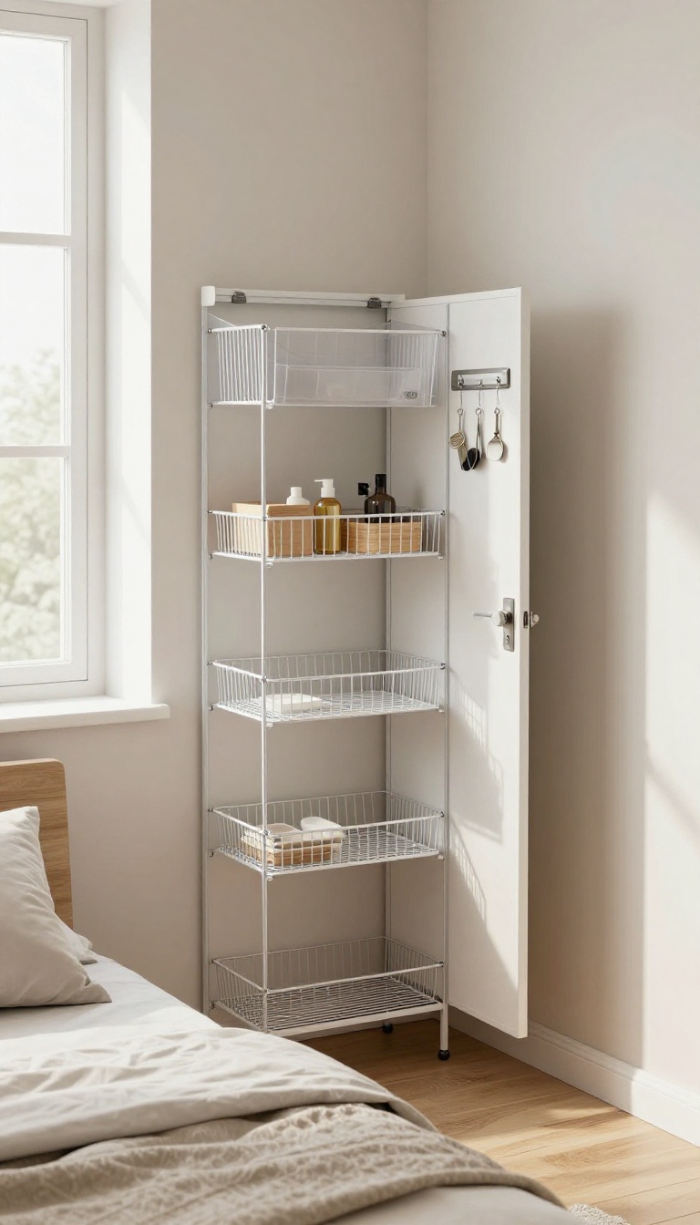 Smart storage solutions in a small bedroom: over-the-door organizer, under-shelf baskets, and magnetic strip for accessories.