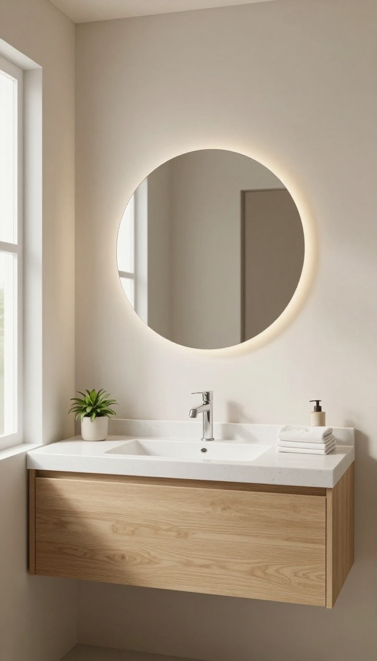 Modern guest bathroom with a round backlit mirror above a floating oak vanity, soft glow and natural light, minimalist decor.