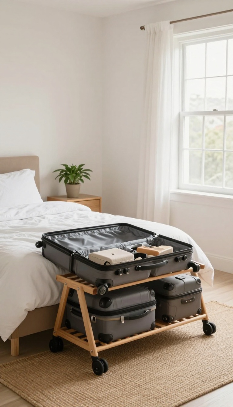 Guest bedroom with a wooden luggage rack holding an open suitcase at the foot of the bed