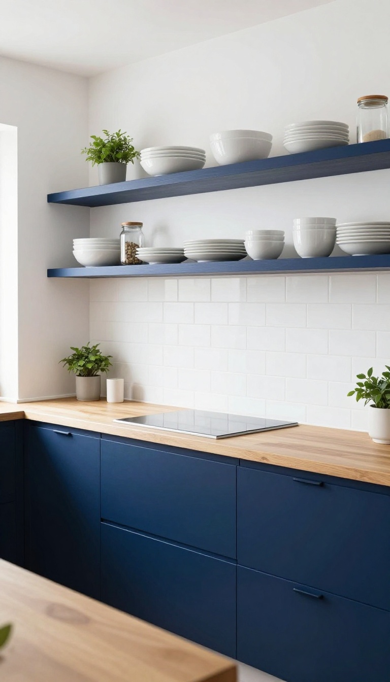 Open navy painted shelves in a bright kitchen with white dishes and a plant, showcasing budget-friendly decor.