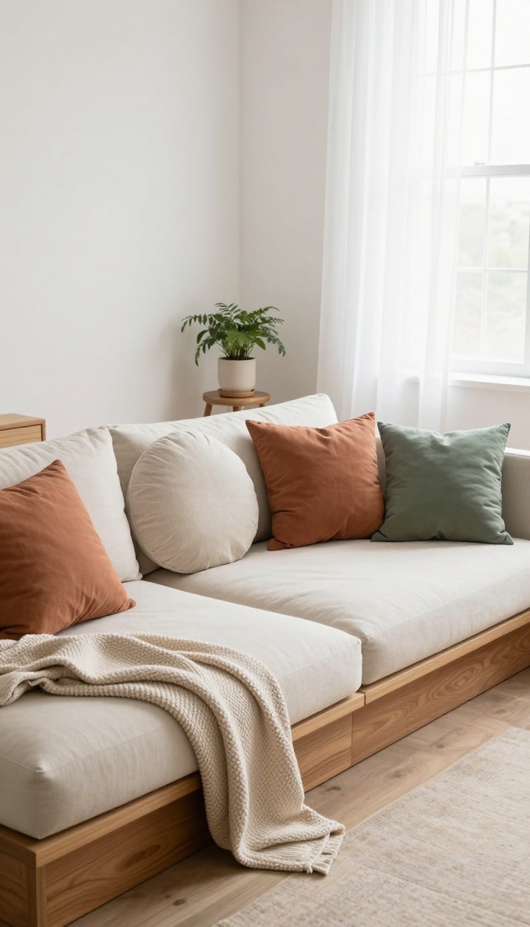 DIY platform bed with sofa cushion styled as a cozy guest daybed in a bright room