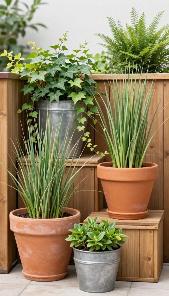 Multi-level planters on a small patio creating depth and a lush, layered look.