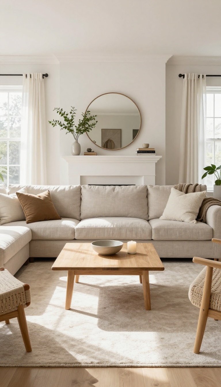 Bright living room with a neutral sectional sofa and two accent chairs facing a styled fireplace with a mirror above the mantel