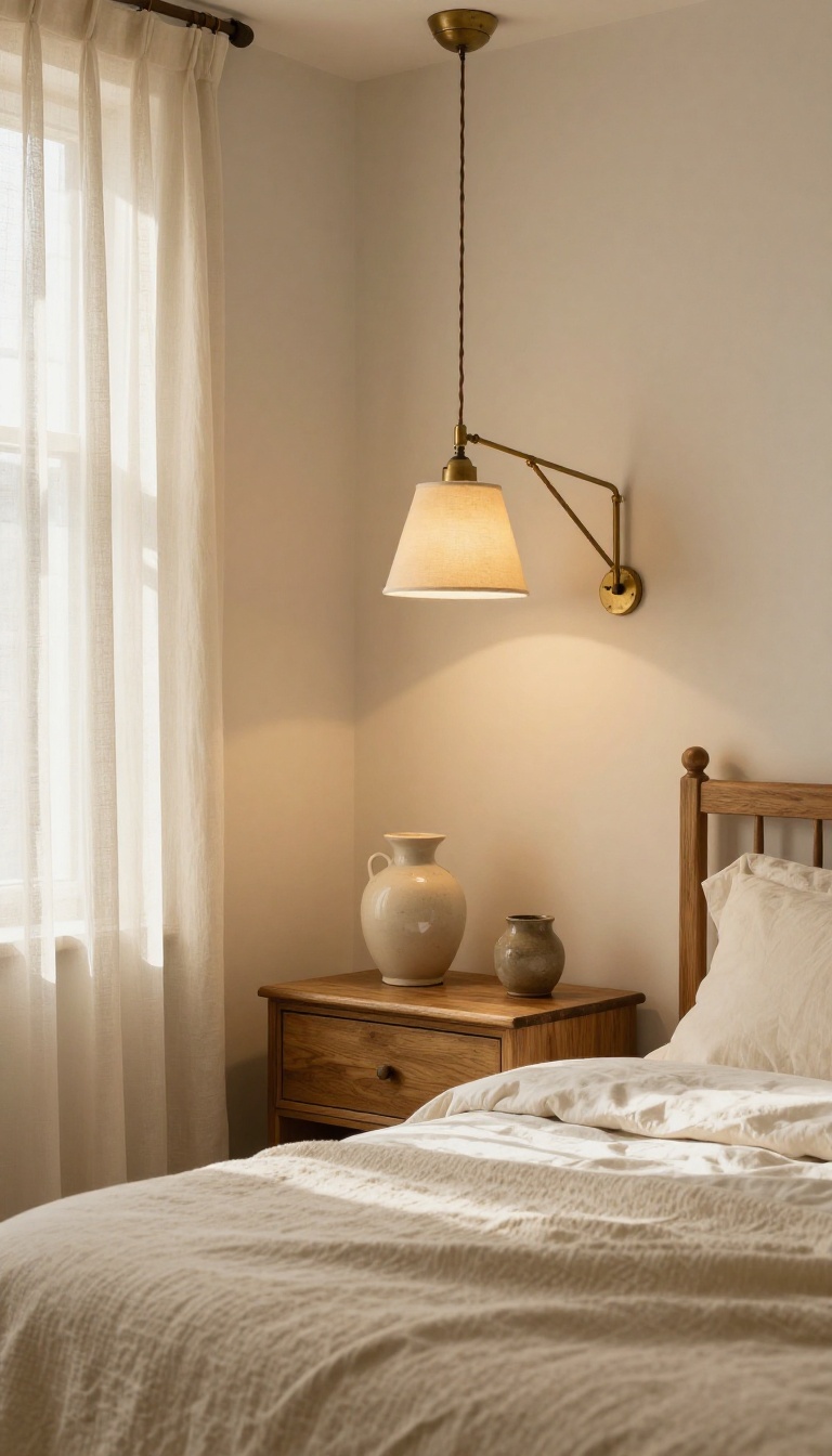 Cozy Pottery Barn style bedroom with vintage-inspired table lamps, a brass swing-arm sconce, and a soft glowing pendant light creating warm layered lighting