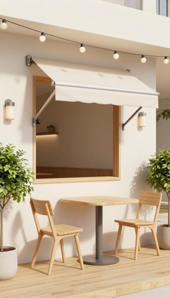 Small patio with retractable awning providing shade over a bistro set, potted plants, and string lights.
