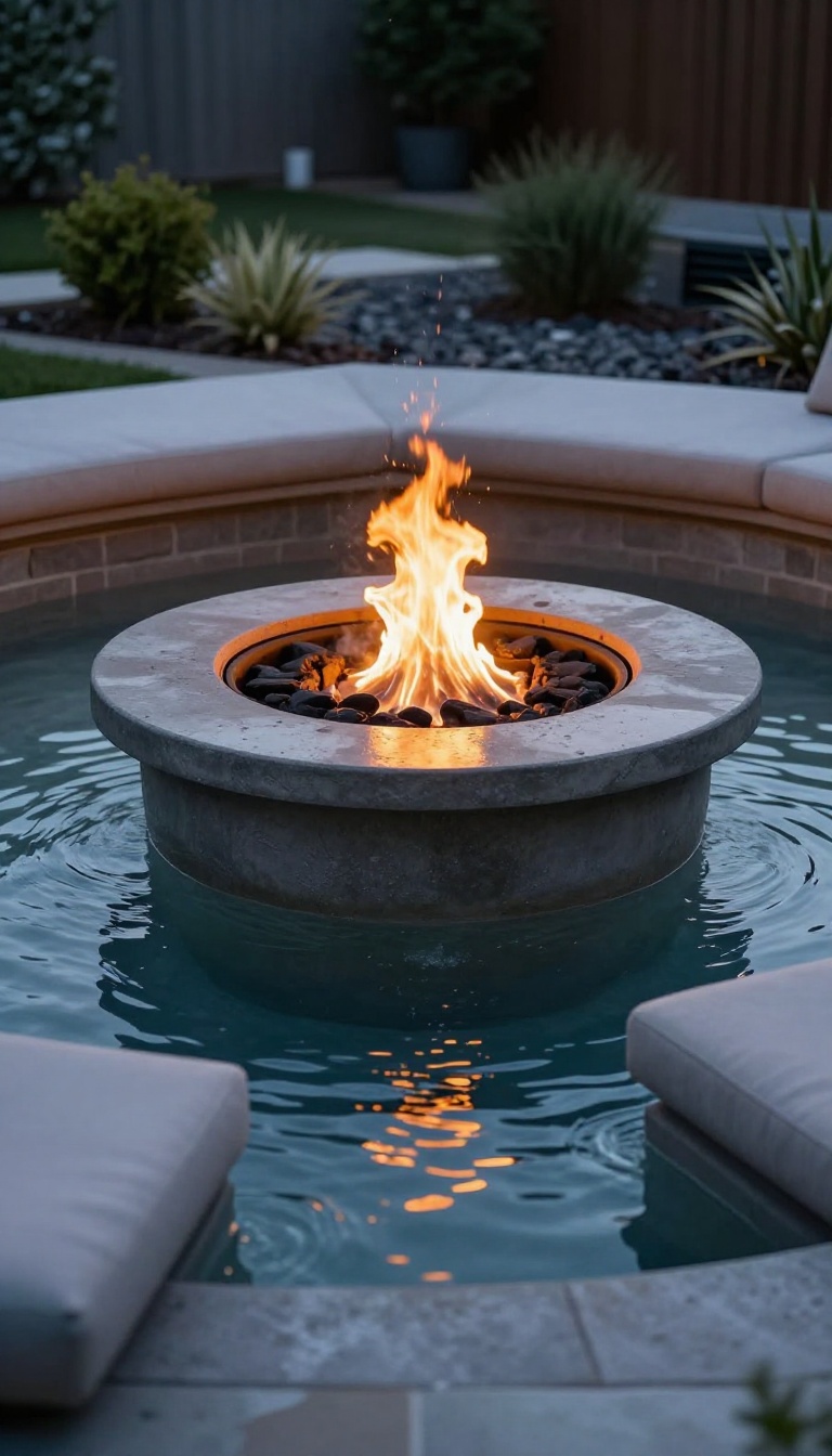 Sunken concrete fire pit at dusk with a narrow water channel wrapping around its edge, reflecting firelight in a landscaped backyard