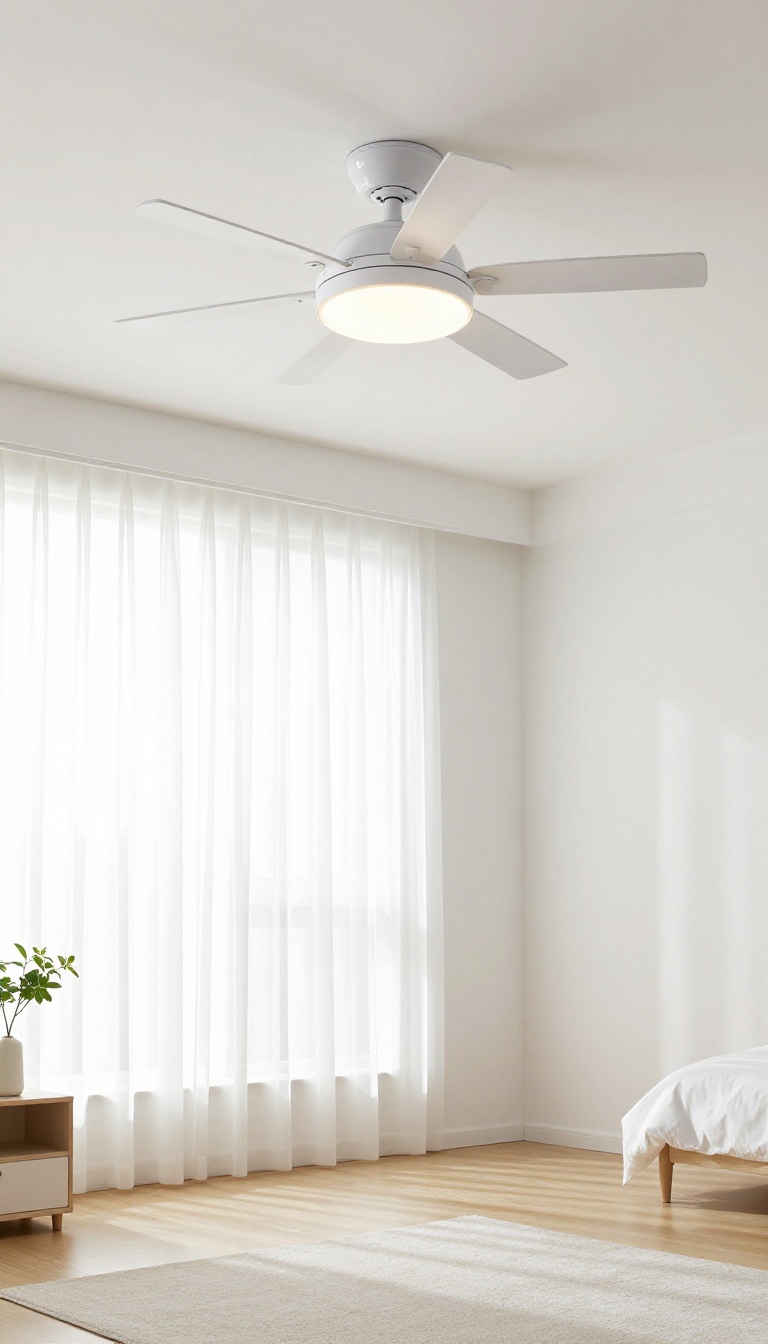 Small bright white bedroom with a white ceiling fan with a light blending into a white ceiling, airy natural light, and minimal white decor
