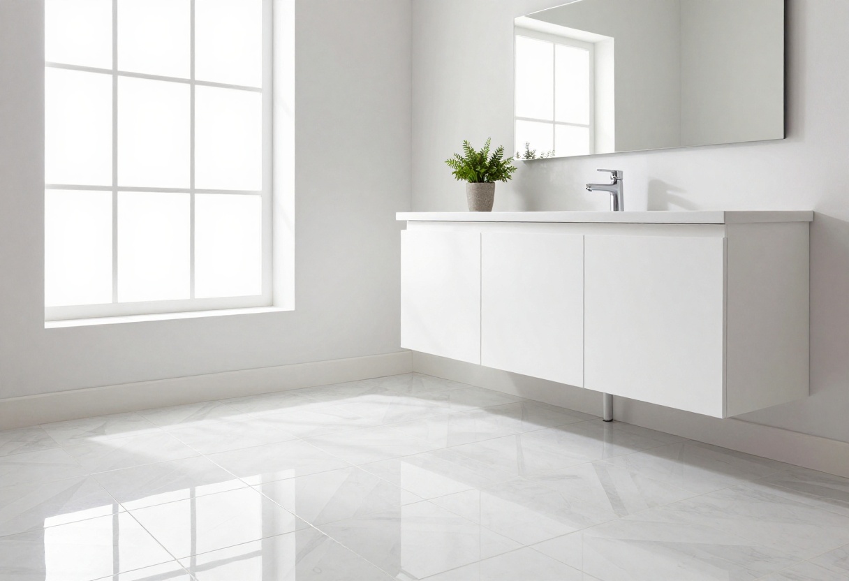 Modern bathroom with peel-and-stick floor tiles in a geometric pattern, white vanity, and natural light.