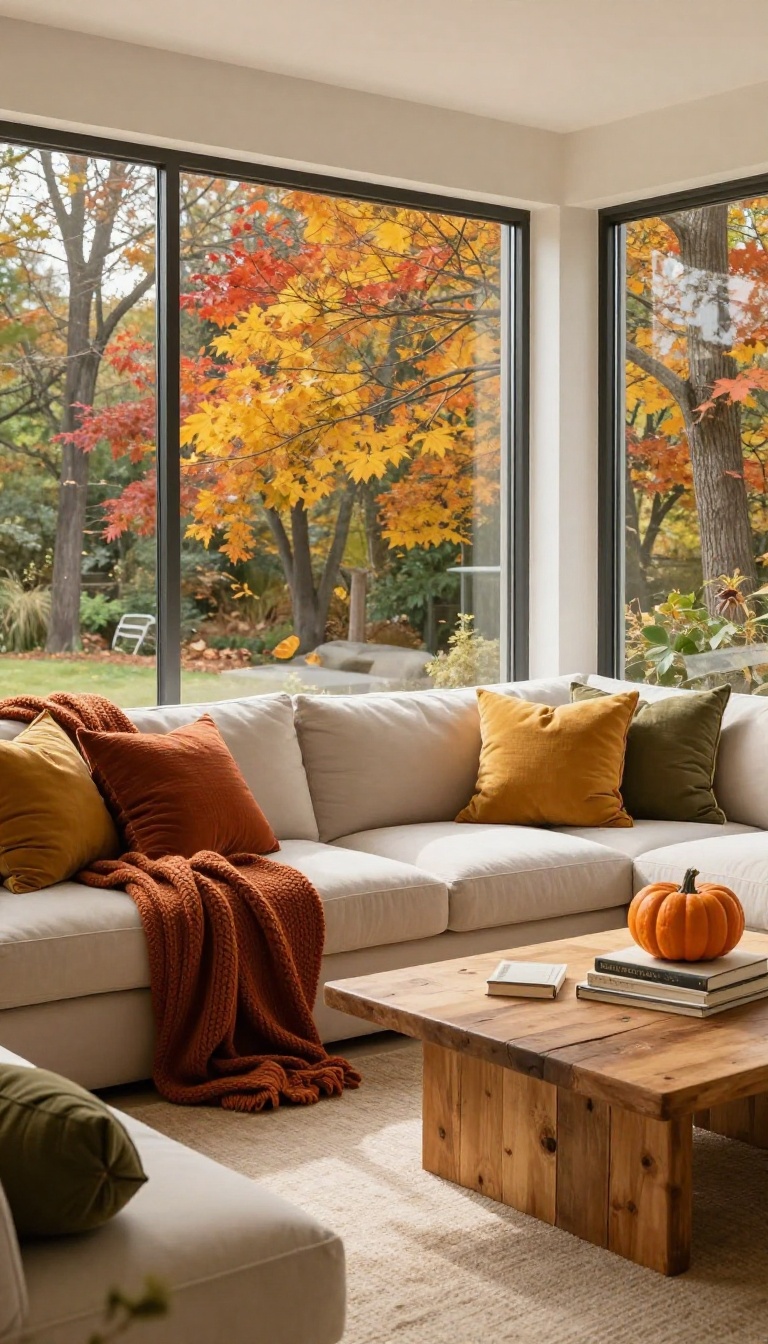 Enclosed patio with seasonal autumn decor and cozy textiles