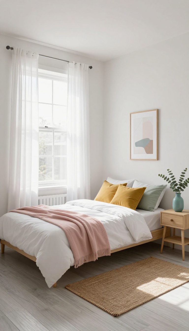 Bright small bedroom with light neutral walls, white bedding, and pastel accent pillows styled in a cozy airy color palette