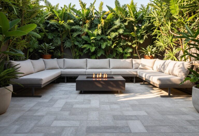 Stylish backyard patio with herringbone-pattern pavers, outdoor furniture, and a fire pit.