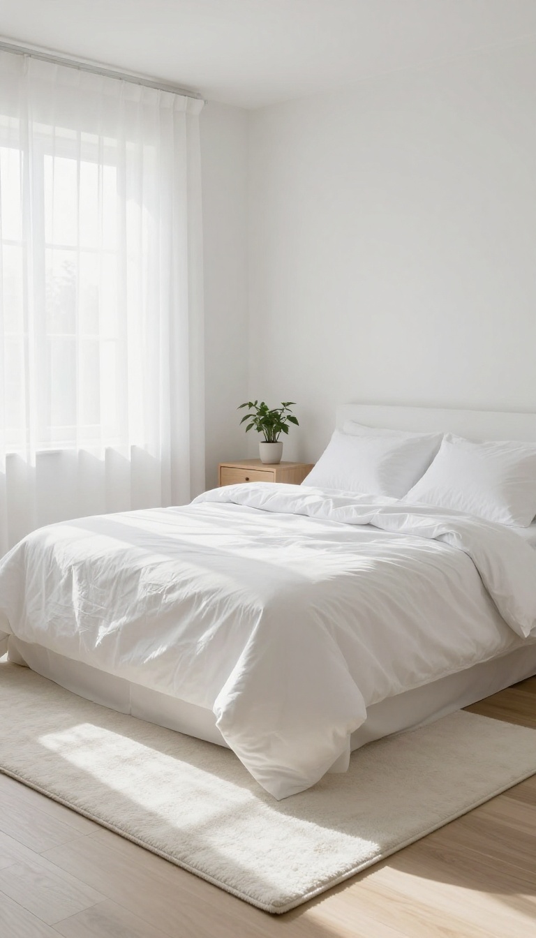 Small bright white bedroom with a queen bed centered on a white low-pile area rug that leaves a border of light wood flooring visible around the edges