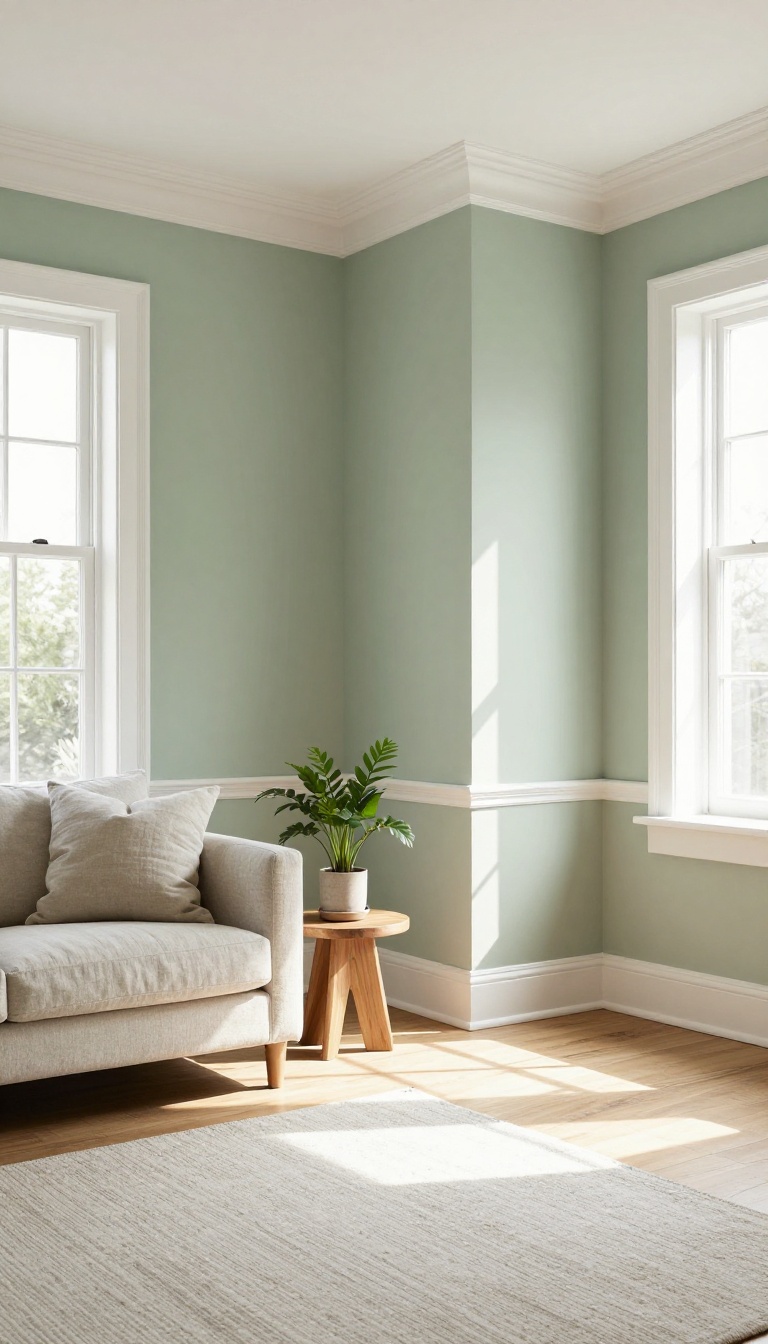 Living room corner with crisp white painted trim on baseboards and window frames, contrasting with soft sage green walls, bathed in natural light.