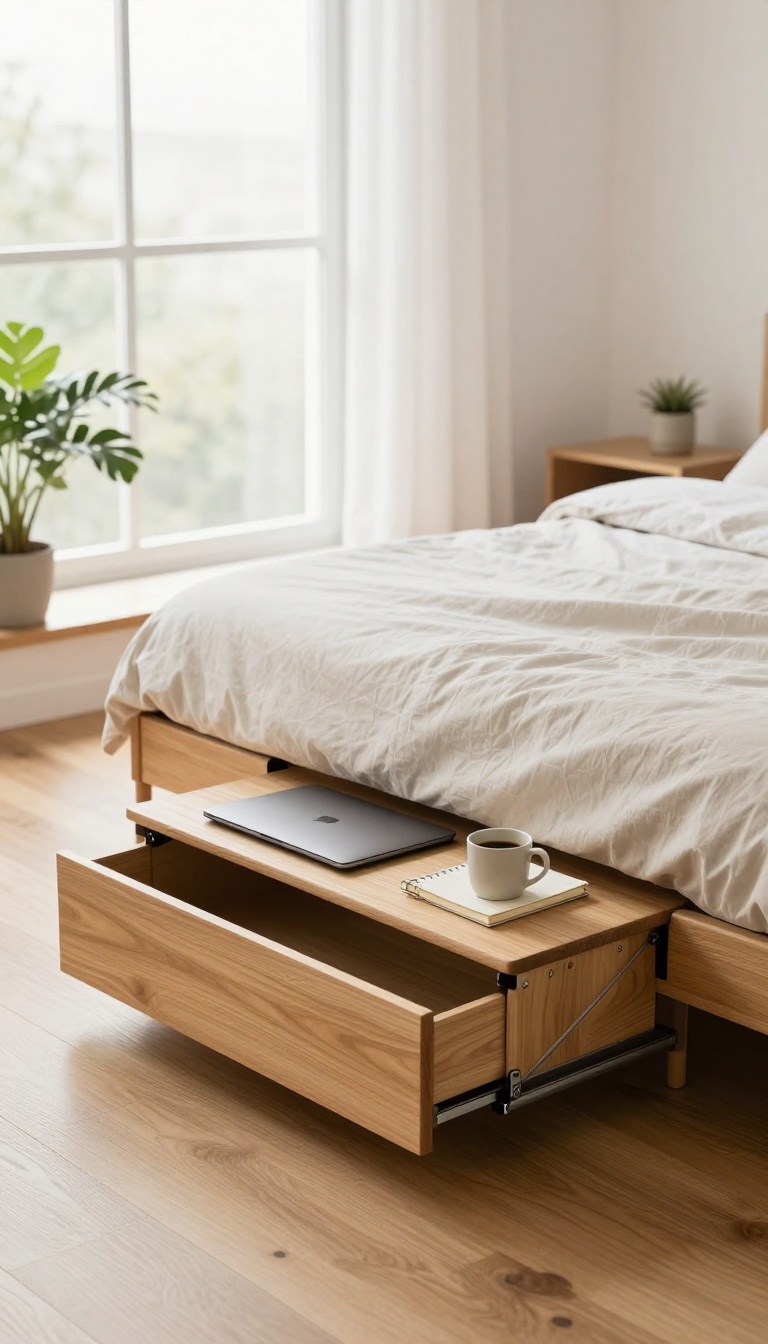 Elevated loft bed with a slim pull-out desk extended underneath, styled with a laptop and coffee mug in a bright small bedroom