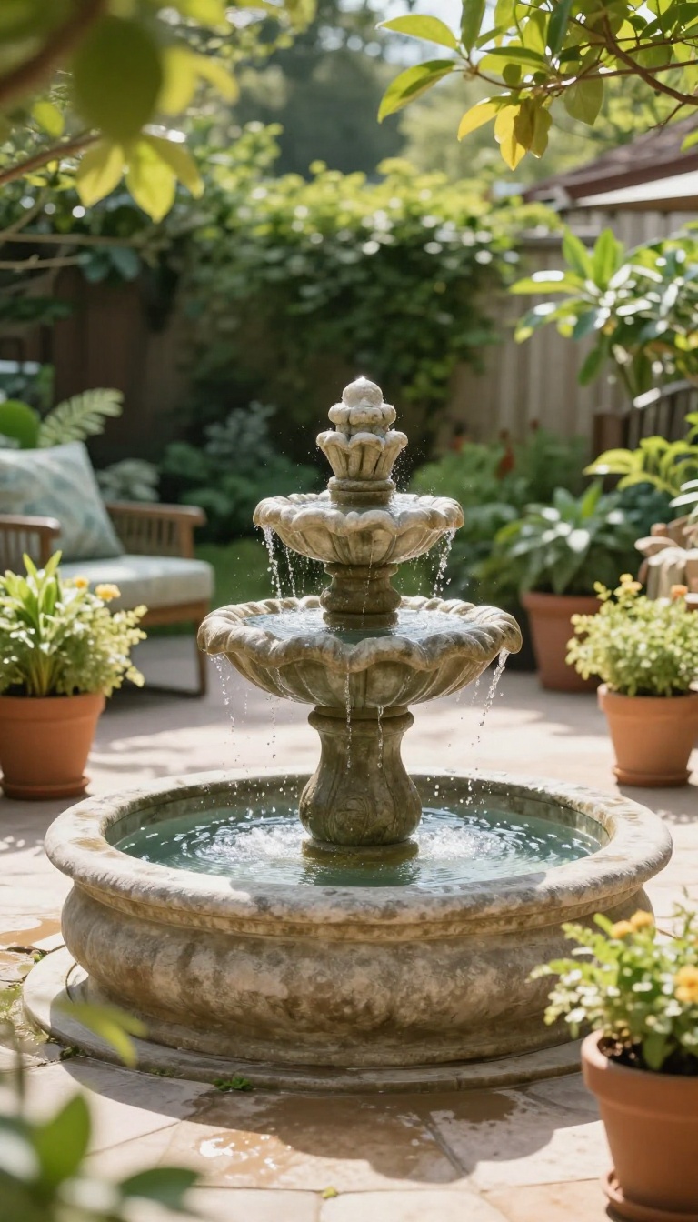 A small stone water fountain on a backyard patio surrounded by plants and outdoor furniture