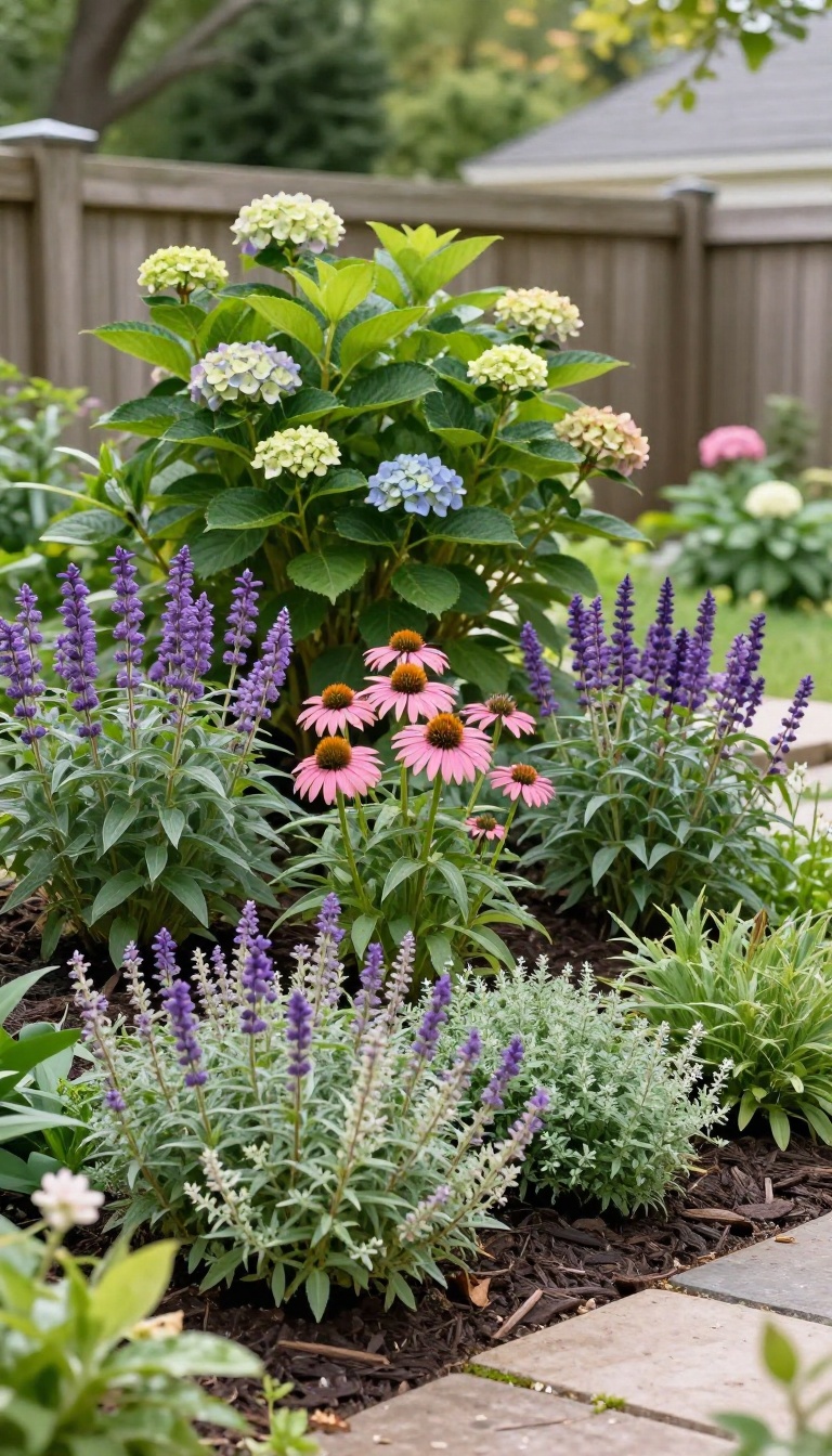 Layered backyard garden bed with tall evergreen shrubs at the back, blooming perennials in the middle, and low ground covers spilling toward a stone path in bright natural light