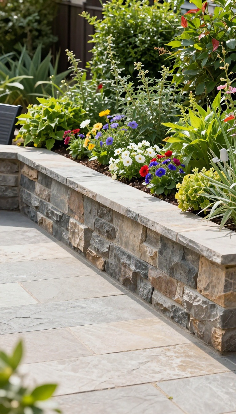 Stone patio with retaining wall and raised garden beds, surrounded by greenery, in a sunlit backyard.
