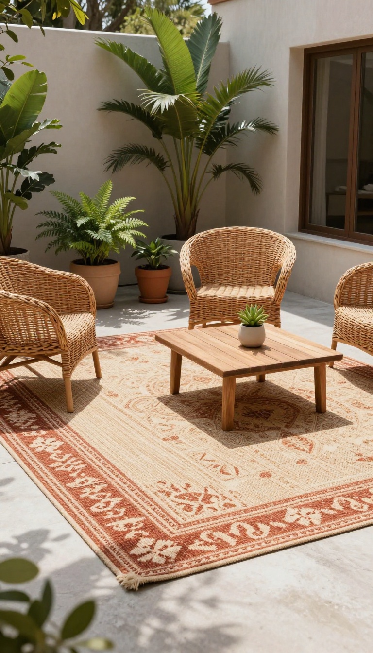 Outdoor rug defining a cozy patio seating area with wicker chairs and plants