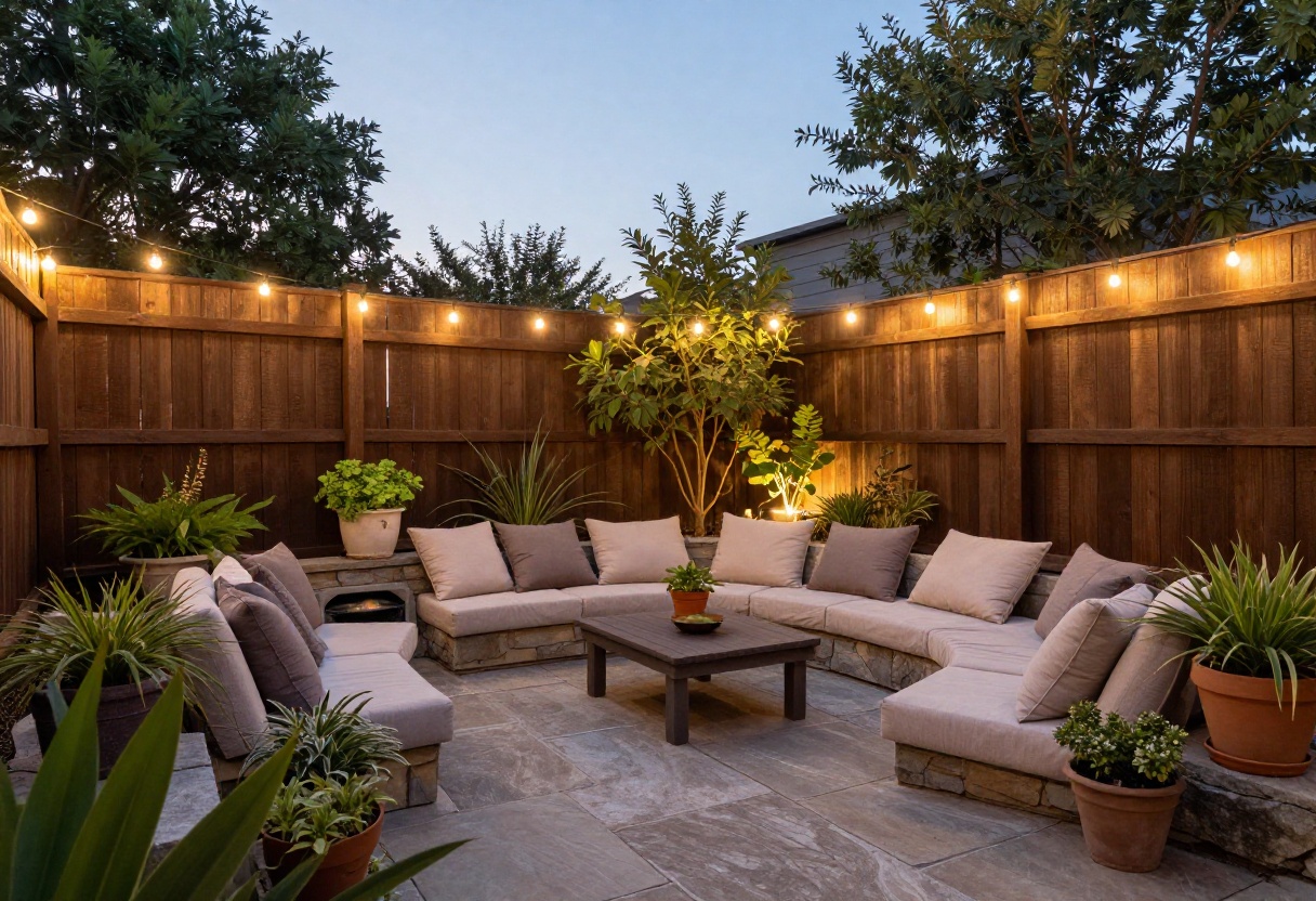 Cozy backyard courtyard with stone patio, seating, string lights, and potted plants at dusk.
