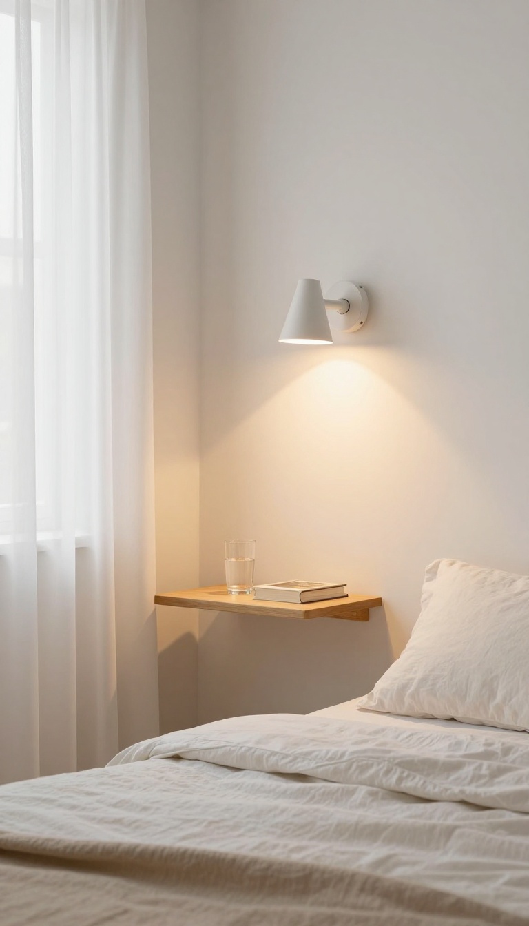 Small bedroom with a wall-mounted swing-arm sconce above a floating nightstand, freeing surface space and improving room flow