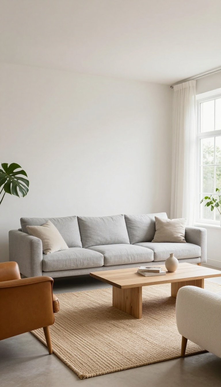Bright living room with a gray sofa facing two mismatched accent chairs angled toward each other on a woven rug