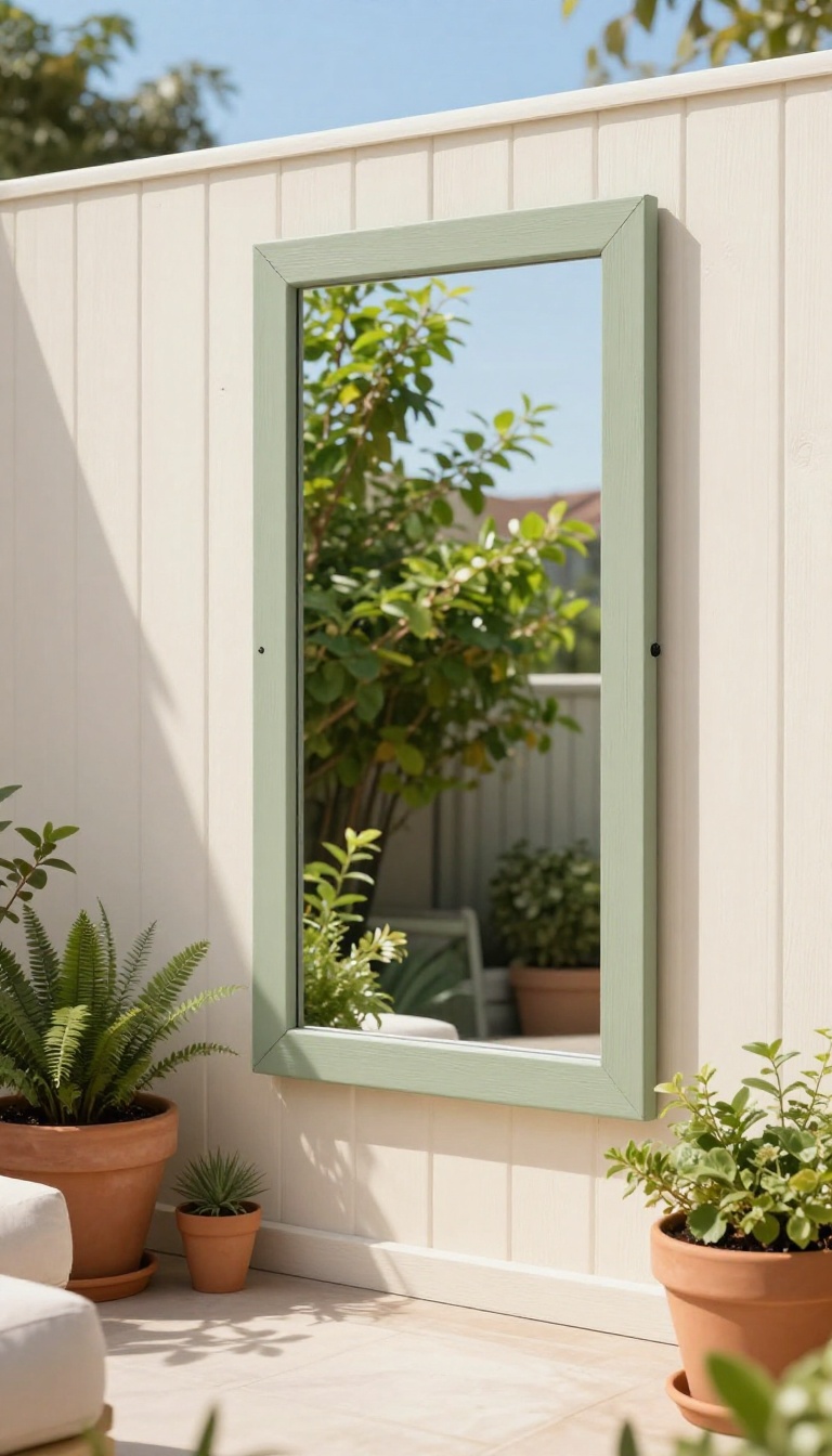 Small backyard with a large outdoor mirror on a light green fence reflecting greenery and sky, brightening the space