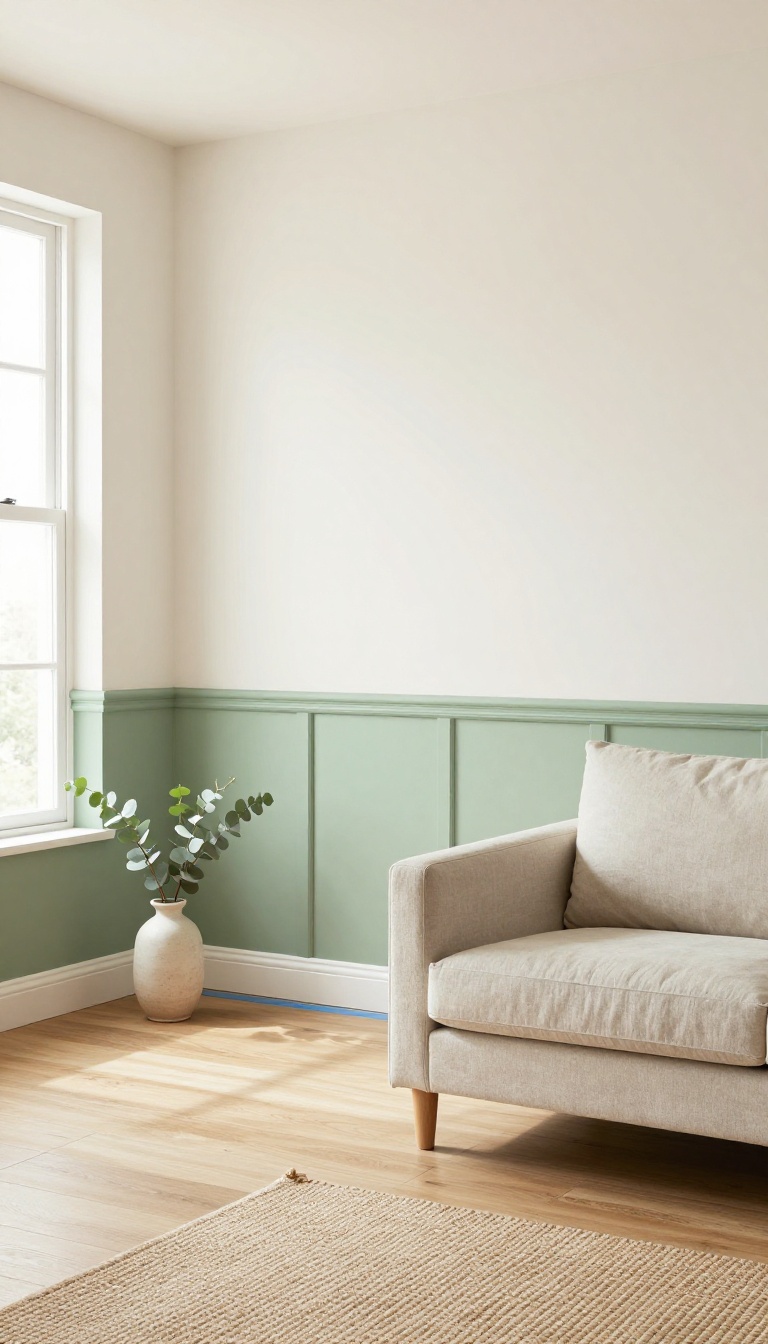 Bright living room with painted faux wainscoting in sage green and white, painter's tape and level on the floor, natural light, cozy neutral sofa and eucalyptus decor.