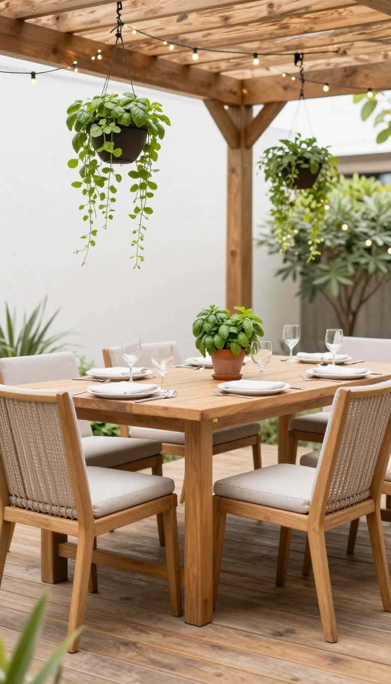 Outdoor dining area under a deck with a wooden table, chairs, string lights, and potted herbs.