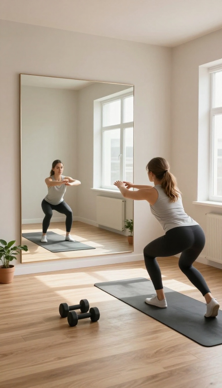 Full-length mirror mounted on a bedroom wall reflecting a person doing squats in a small home gym corner with dumbbells and a yoga mat