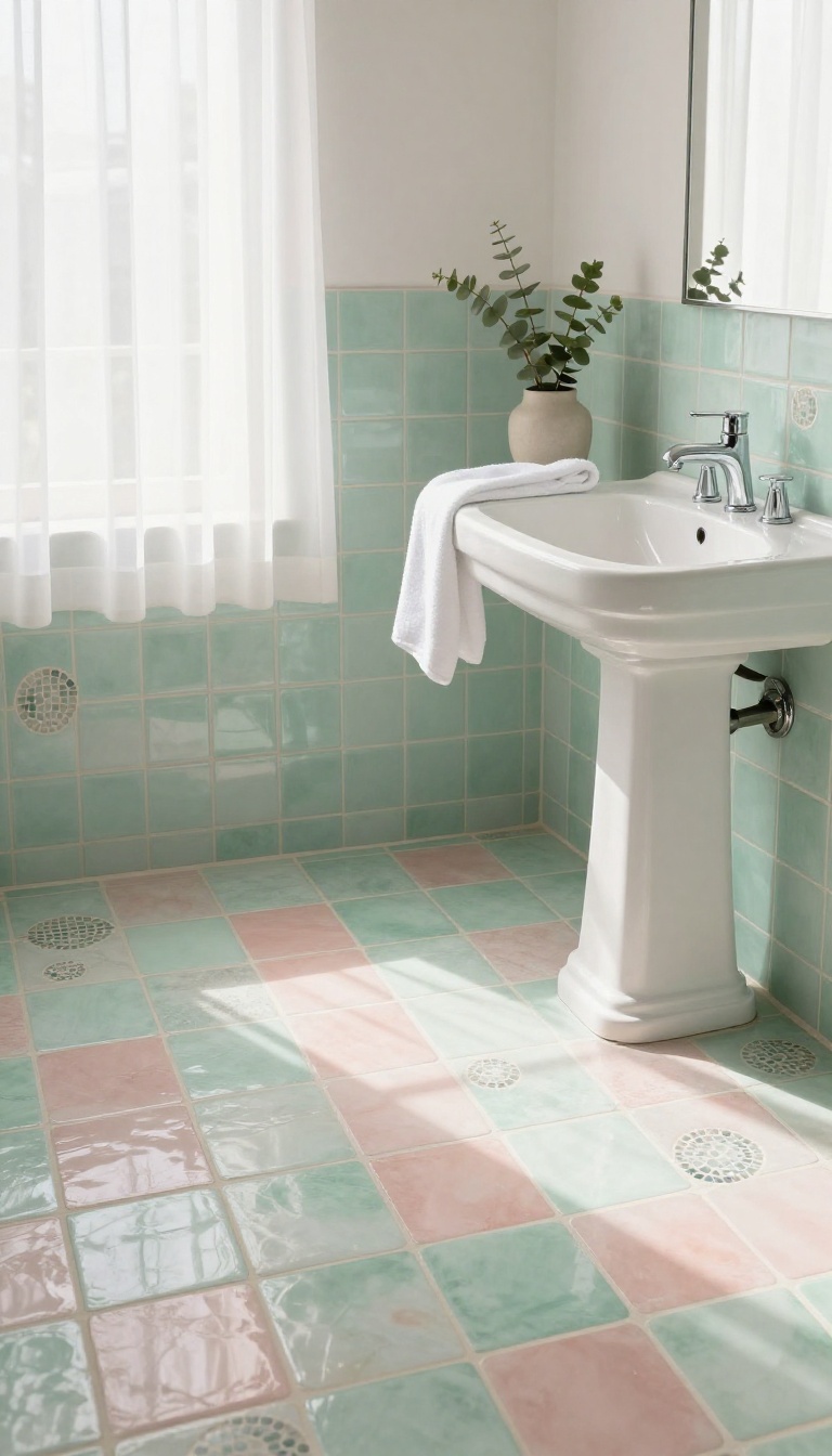 Bright bathroom floor with pastel mint and blush penny tile in a soft checkerboard pattern, white fixtures, and natural sunlight