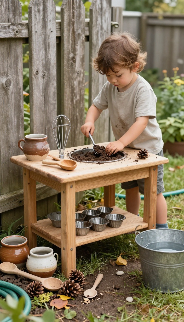 Child's hands playing at a backyard mud kitchen with pots, spoons, and water on a sunny day