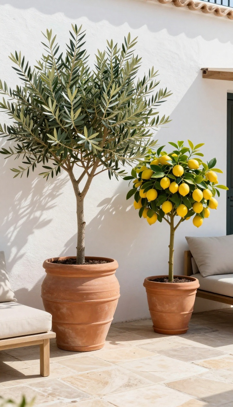 Olive and lemon trees growing in terracotta containers on a sunlit Mediterranean patio beside outdoor seating