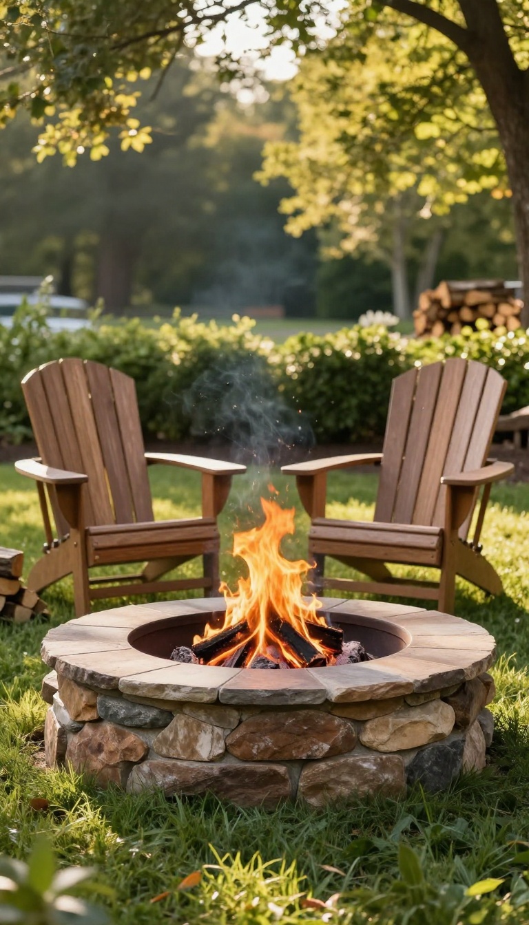 Cozy backyard fire pit built from natural stone with Adirondack chairs and log seating on a grassy lawn at golden hour