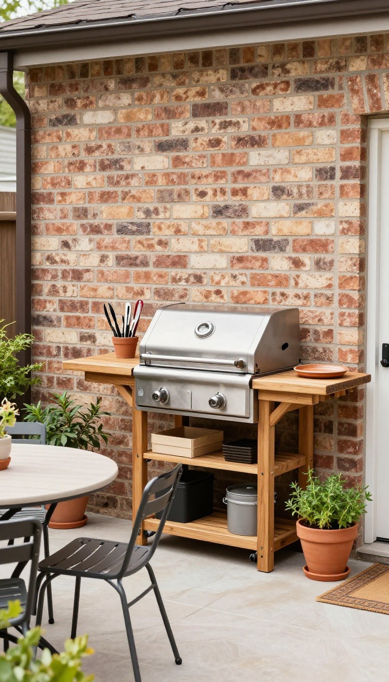 Wall-mounted grill station with a folding prep table in a small townhome backyard patio