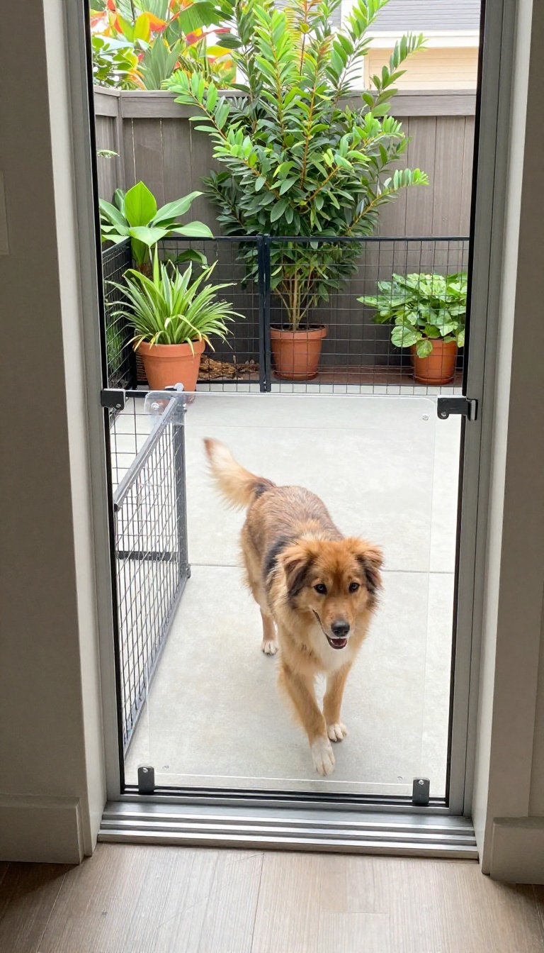 Small patio dog run with a dog door insert and wire pet panels creating a safe outdoor space for a dog