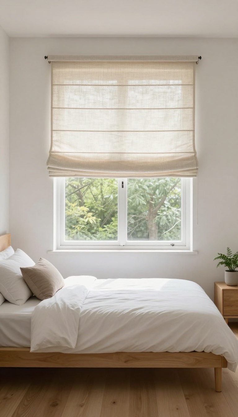 Small bright bedroom with light linen Roman shades raised in neat folds above a large clear window, letting in natural daylight over a low bed with white bedding