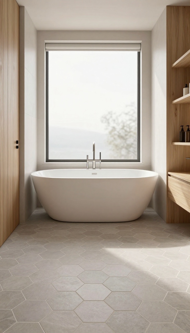 Modern bathroom floor with matte gray hexagon tiles in a bright, softly styled interior