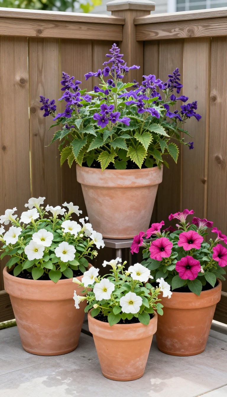 Cluster of large potted plants with tall purple fountain grass, colorful annuals, and trailing vines arranged in a backyard patio corner against a wooden fence in bright natural light