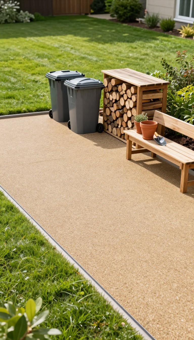 Backyard utility pad made of decomposed granite with trash bins, stacked firewood, and a potting bench, edged with steel strips beside a green lawn in bright natural light