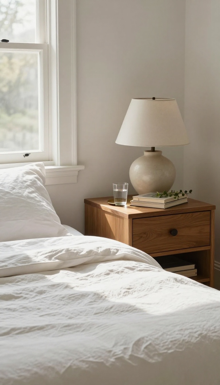 Styled bedroom nightstand with a ceramic lamp, stacked books, glass of water, and a small sprig of greenery in bright natural light