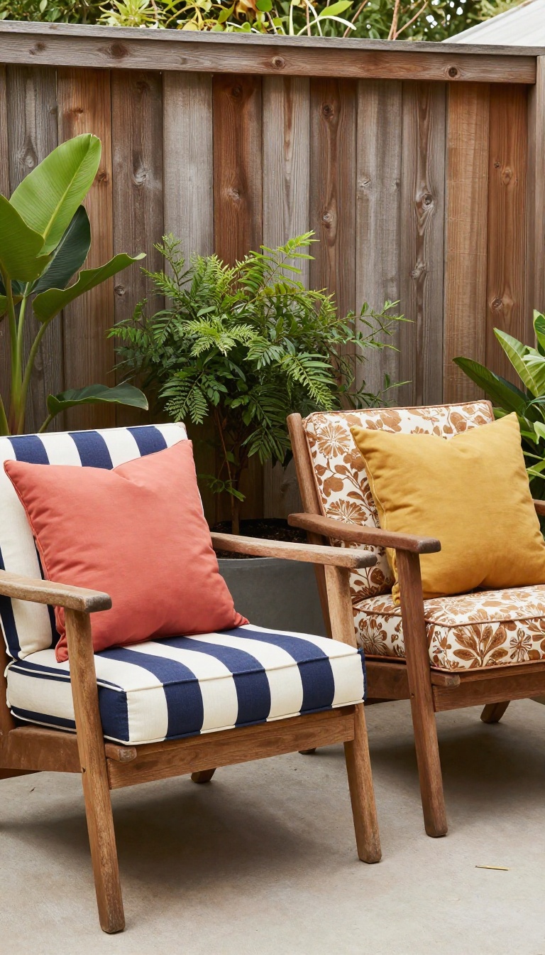 Back patio chairs with new outdoor cushions and pillows in mixed patterns, styled with plants and natural light