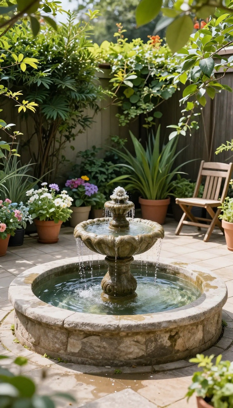Small backyard with a compact stone water fountain as a focal point surrounded by plants and a cozy patio