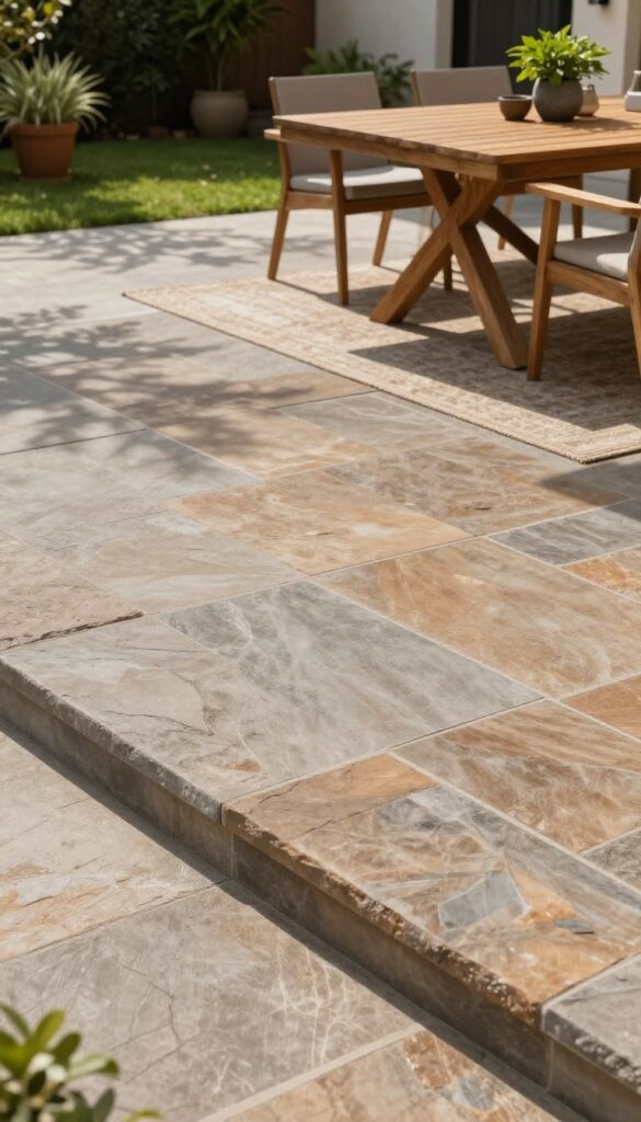 A beautiful patio with stamped concrete flooring that looks like natural stone, furnished with outdoor seating and plants, in bright natural light.