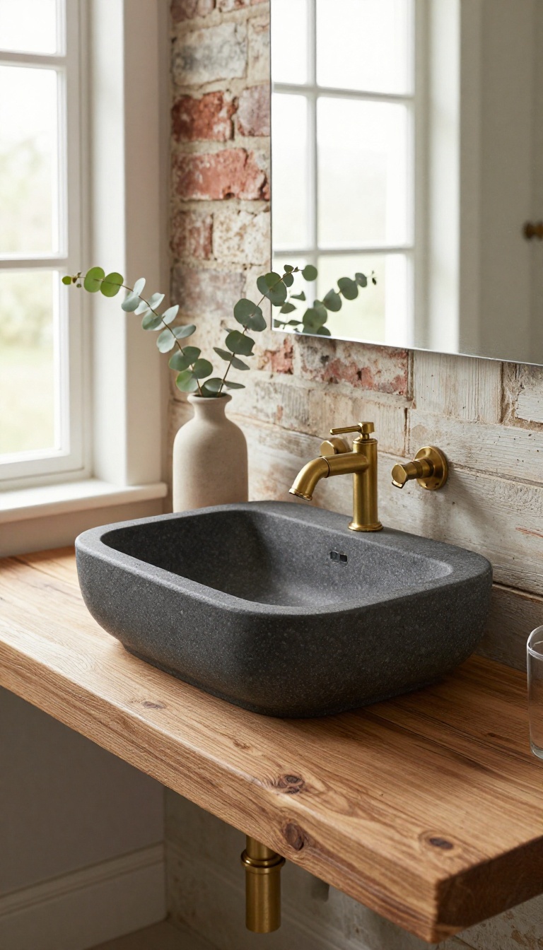 Rustic bathroom with a matte soapstone utility sink on a reclaimed wood counter, exposed brass plumbing, and soft natural light