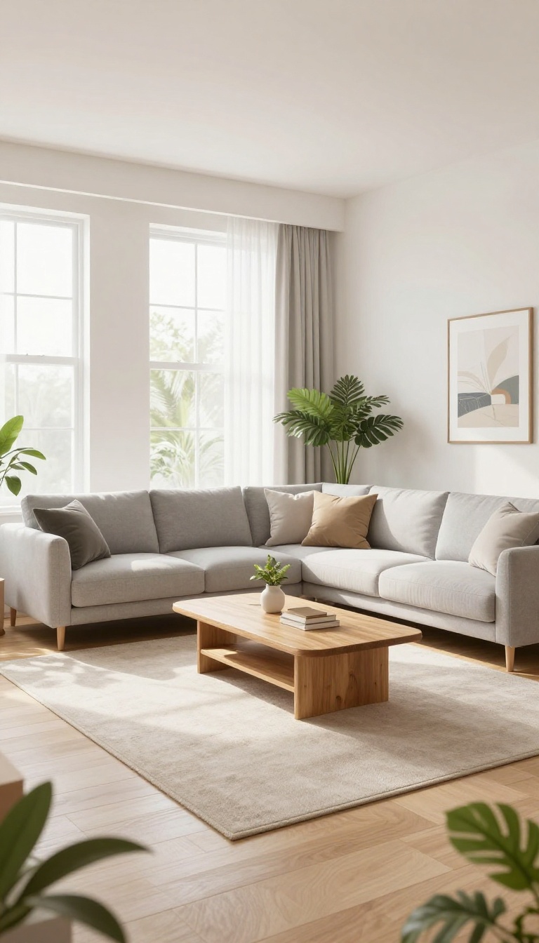 Modern Bloxburg living room with floating furniture arrangement, sofa and chairs centered around a coffee table, bright natural light