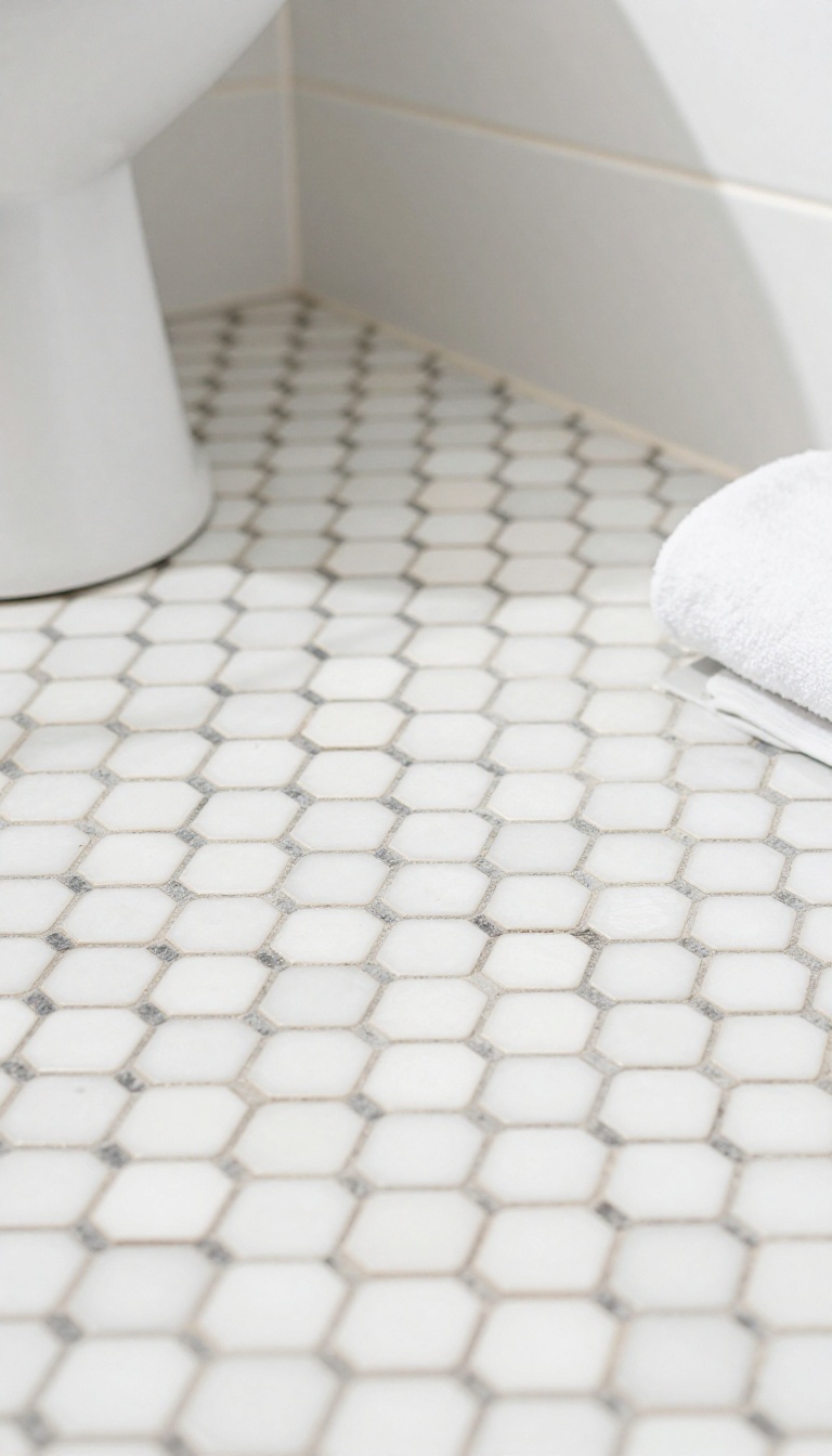 White penny tile bathroom floor with dark charcoal grout creating a crisp graphic retro mosaic pattern in bright natural light