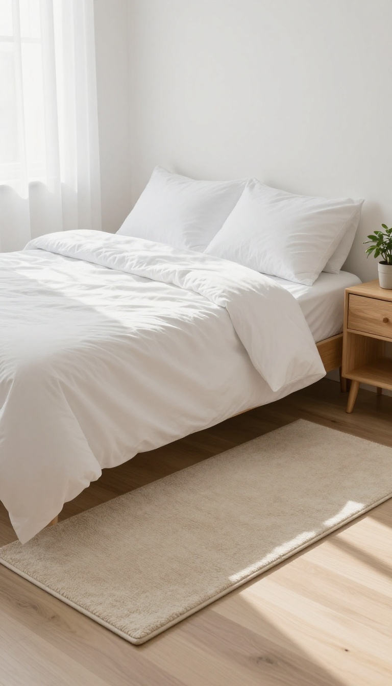 Small bedroom with a proportionate area rug under the bed leaving a visible border of bare wood floor around the edges